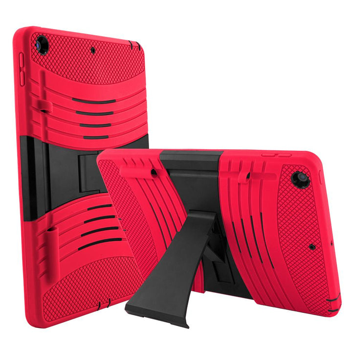 A red tablet case, made of silicone and polymer, with a kickstand. The kickstand is extended to hold a tilted tablet.  #color_red