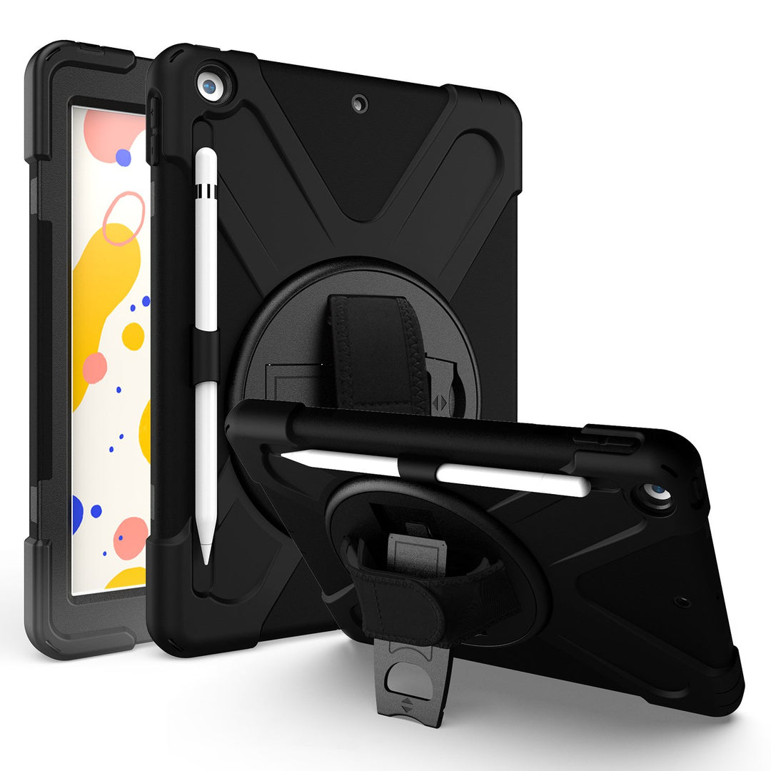 A black Shield case made of black polymer and black silicone encasing an iPad 10.2. The Shield case has an integrated Apple Pencil holder with a hand strap and kickstand. The kickstand is extended to hold the case and iPad in a tilted position. #color_black