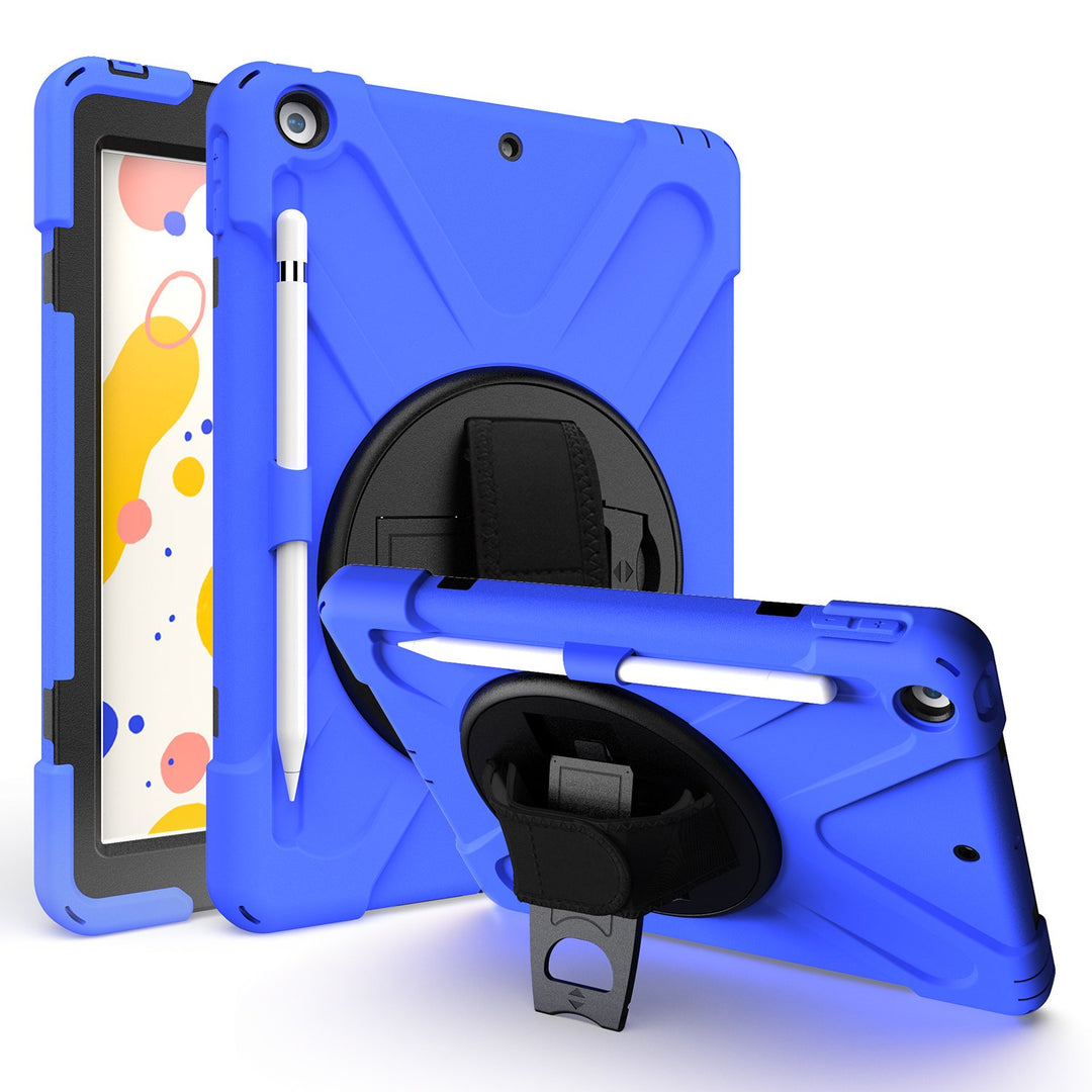 A blue Shield case made of black polymer and blue silicone encasing an iPad 10.2. The Shield case has an integrated Apple Pencil holder with a hand strap and kickstand. The kickstand is extended to hold the case and iPad in a tilted position. #color_dark-blue