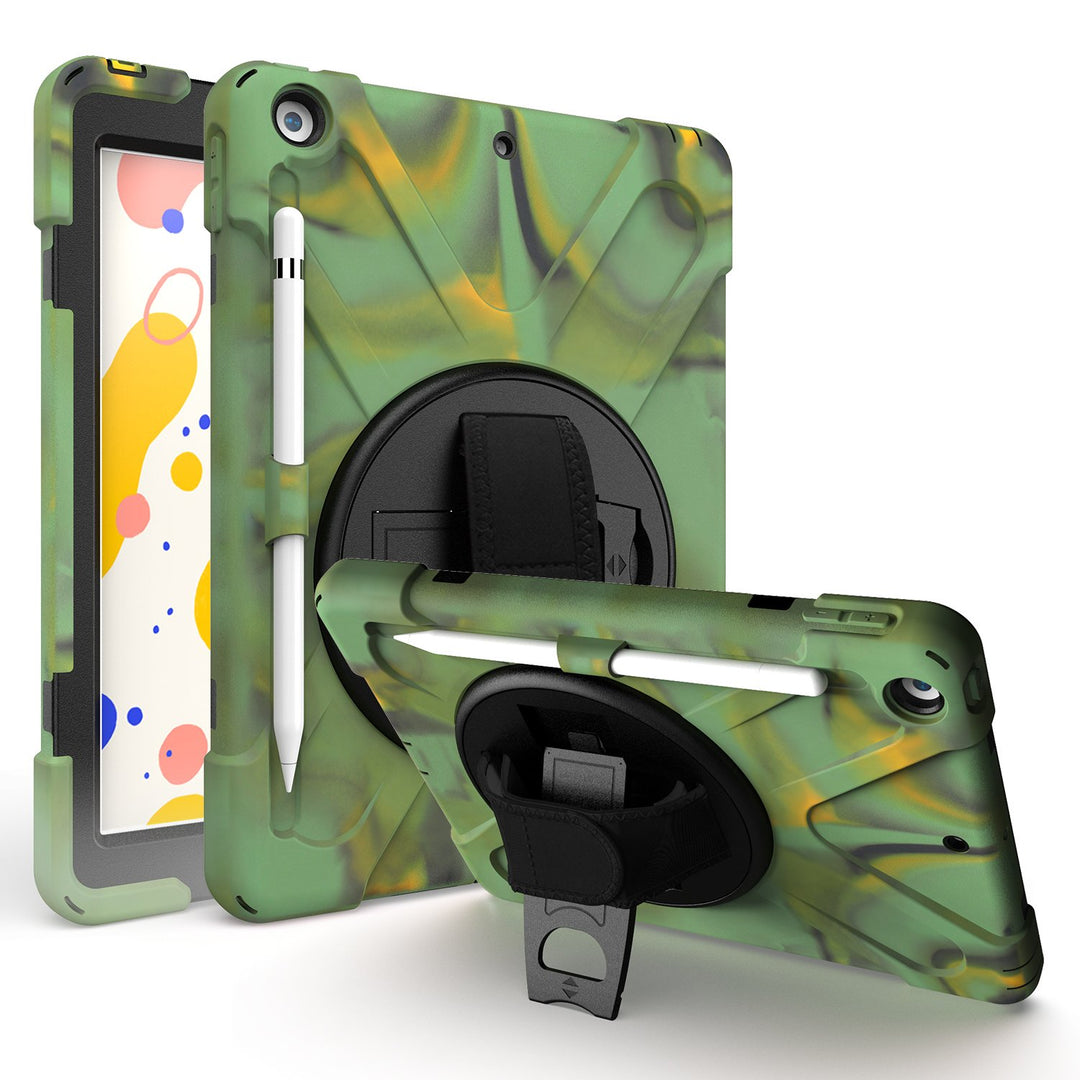 A camouflaged-pattern Shield case made of black polymer and green silicone encasing an iPad 10.2. The Shield case has an integrated Apple Pencil holder with a hand strap and kickstand. The kickstand is extended to hold the case and iPad in a tilted position. #color_camouflage