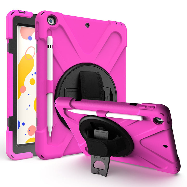 A hot pink Shield case made of black polymer and hot pink silicone encasing an iPad 10.2. The Shield case has an integrated Apple Pencil holder with a hand strap and kickstand. The kickstand is extended to hold the case and iPad in a tilted position. #color_hot-pink