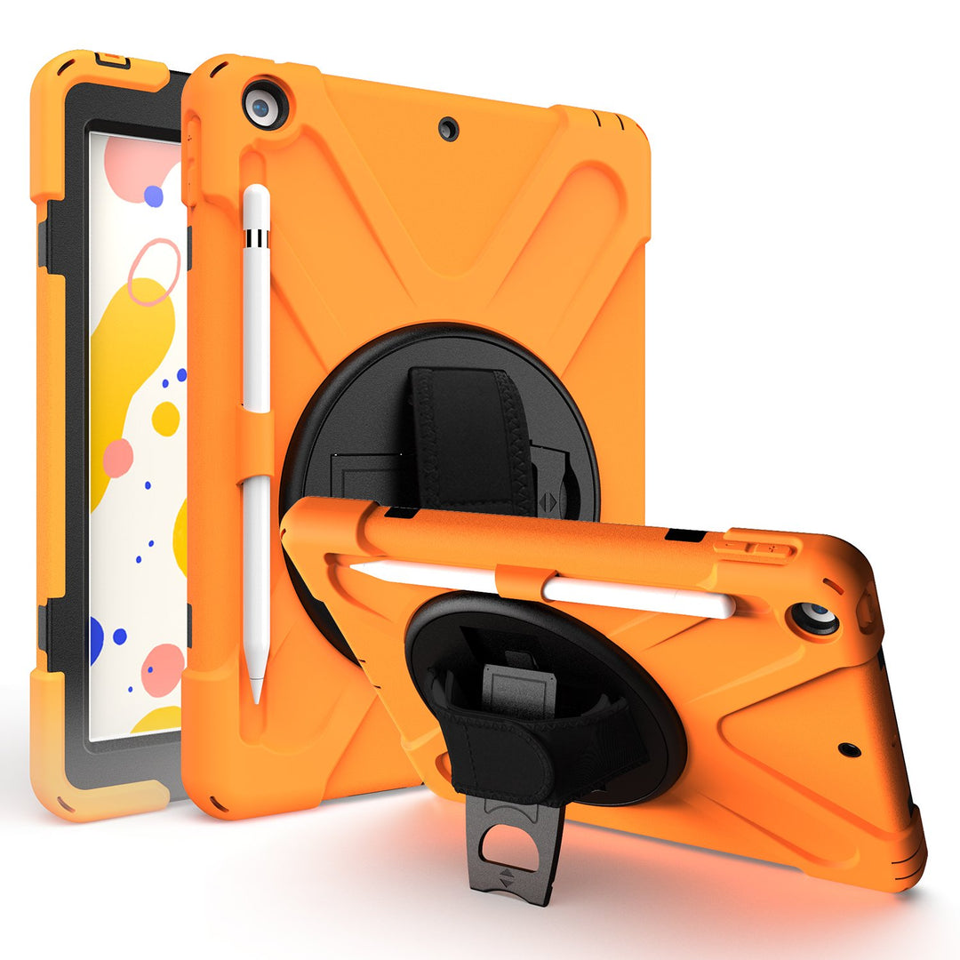 A orange Shield case made of black polymer and orange silicone encasing an iPad 10.2. The Shield case has an integrated Apple Pencil holder with a hand strap and kickstand. The kickstand is extended to hold the case and iPad in a tilted position. #color_orange