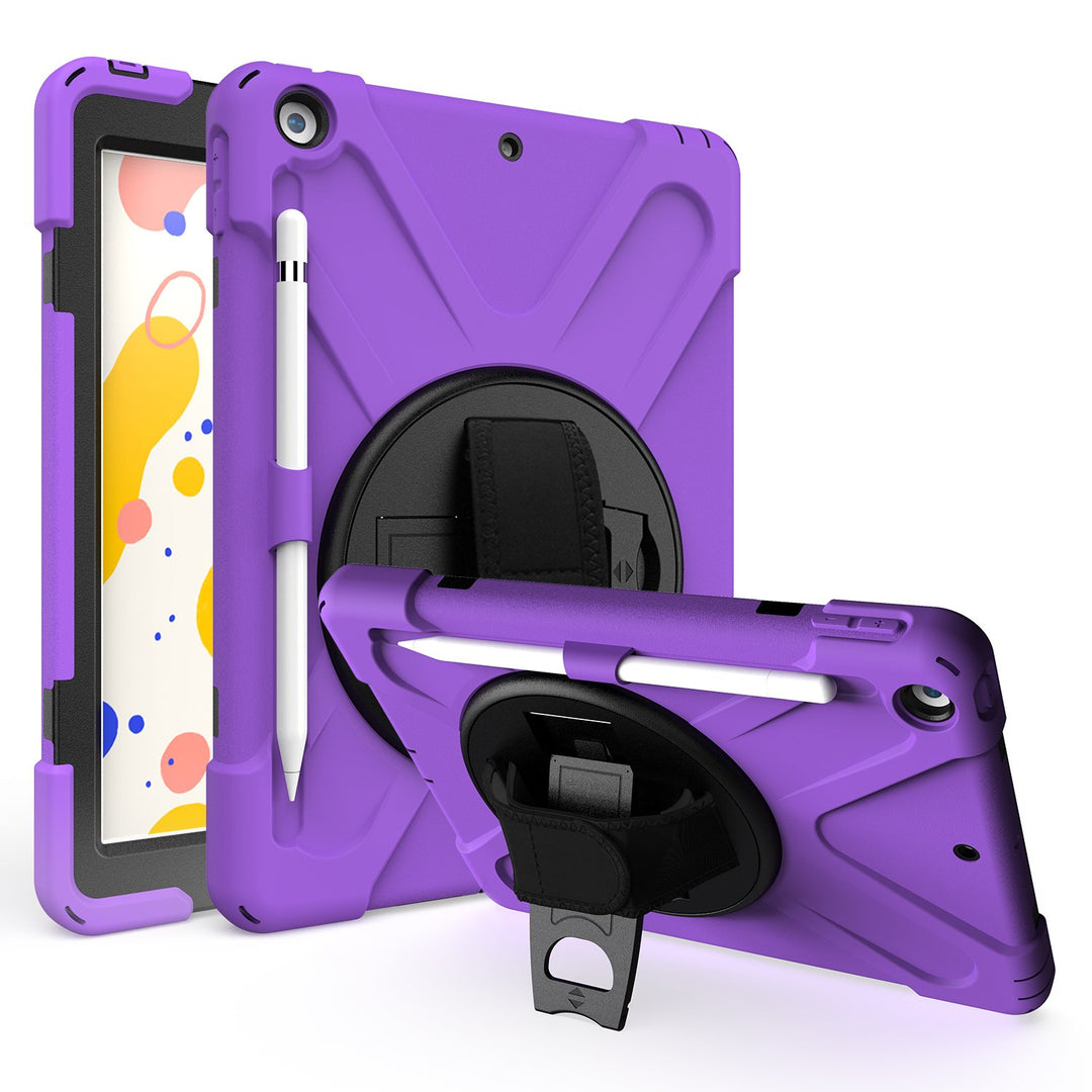 A purple Shield case made of black polymer and purple silicone encasing an iPad 10.2. The Shield case has an integrated Apple Pencil holder with a hand strap and kickstand. The kickstand is extended to hold the case and iPad in a tilted position. #color_purple