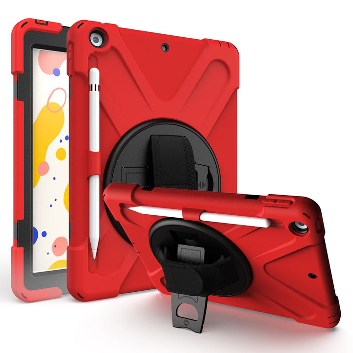 A red Shield case made of black polymer and  red silicone encasing an iPad 10.2. The Shield case has an integrated Apple Pencil holder with a hand strap and kickstand. The kickstand is extended to hold the case and iPad in a tilted position. #color_red