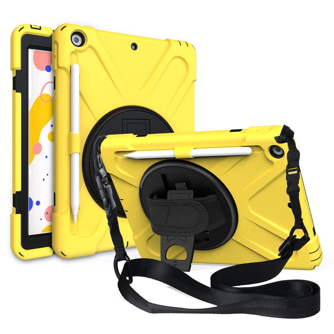 A yellow Shield case made of black polymer and yellow silicone encasing an iPad 10.2. The Shield case has an integrated Apple Pencil holder with a hand strap and kickstand. The kickstand is extended to hold the case and iPad in a tilted position. #color_yellow