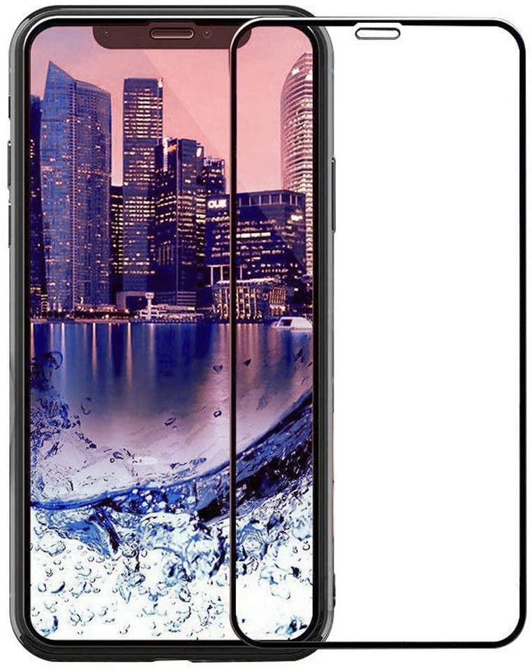 A transparent tempered glass screen protector with black borders for the iPhone. The glass is precision cut to fit the iPhone 11 Pro, X, and XS. 