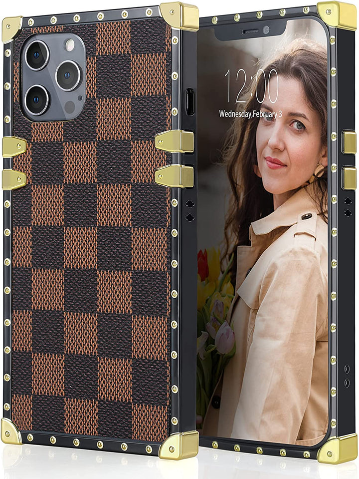 An Apple iPhone 12 or iPhone 12 Pro case, rectangular-shaped; black trim with gold-rivets; gold corner bumpers; with brown and light brown checker patterns.  #color_brown