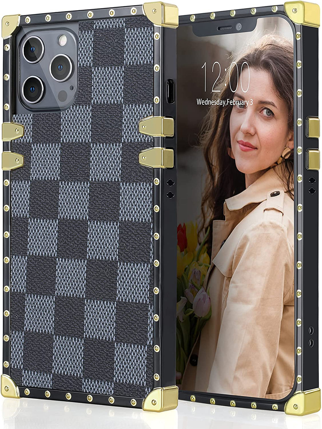 An Apple iPhone 12 or iPhone 12 Pro case, rectangular-shaped; black trim with gold-rivets; gold corner bumpers; with charcoal and gray checker patterns. #color_grey
