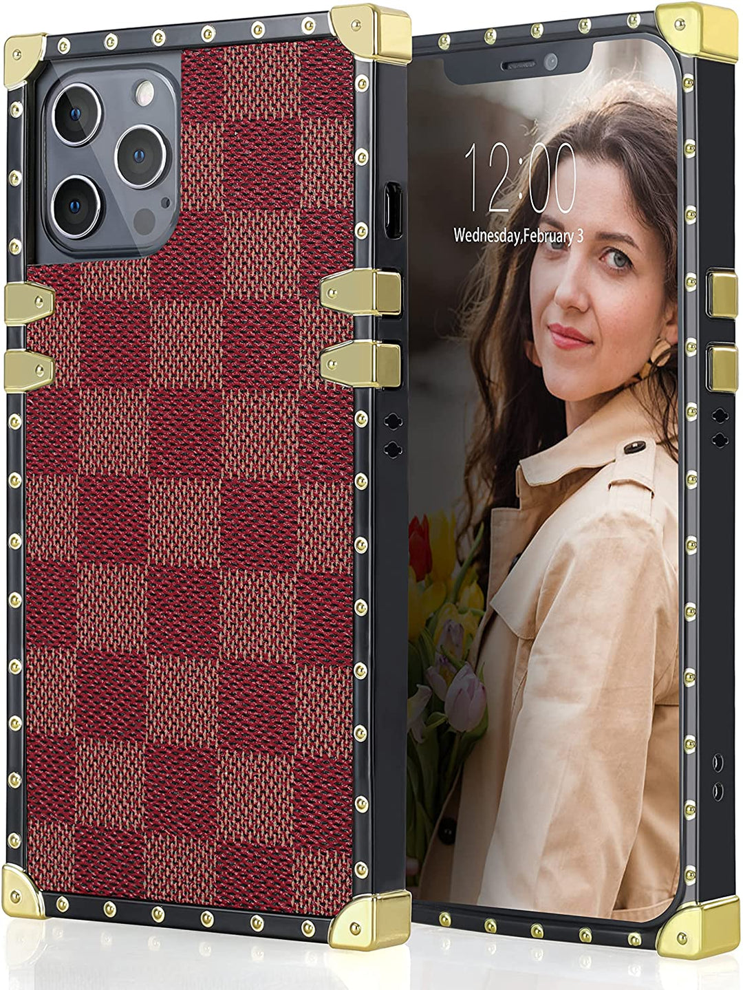 An Apple iPhone 12 or iPhone 12 Pro case, rectangular-shaped; black trim with gold-rivets; gold corner bumpers; with red checker patterns. #color_red
