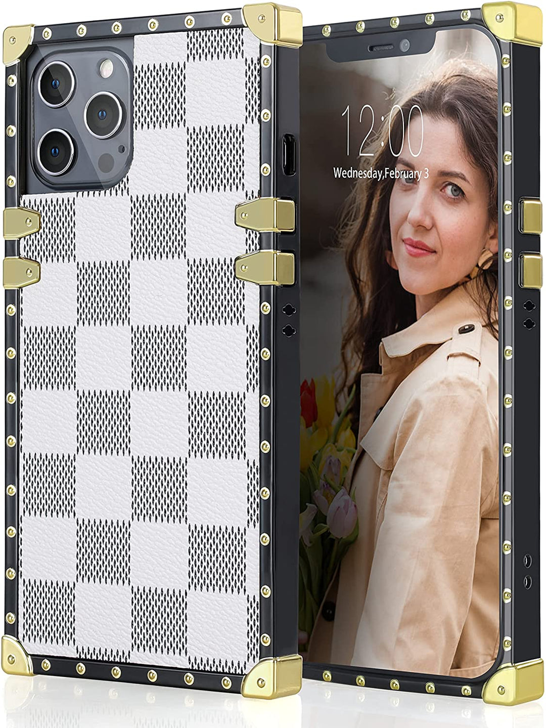 An Apple iPhone 12 or iPhone 12 Pro case, rectangular-shaped; black trim with gold-rivets; gold corner bumpers; with white and gray checker patterns. #color_white