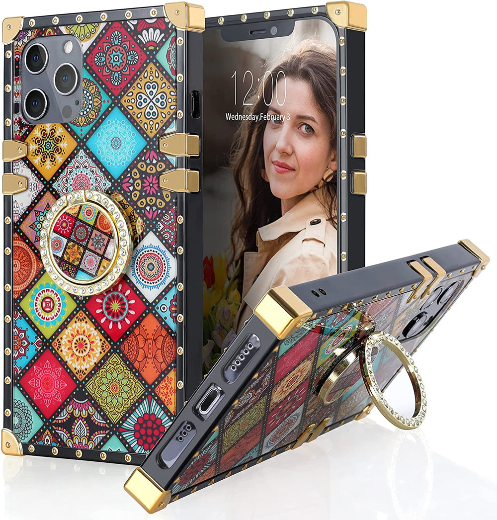 An Apple iPhone 12 or iPhone 12 Pro case; ring-handle-kickstand; rectangular-shaped; black trim with gold-rivets; gold corner bumpers; with colorful diamond mosaics. #color_colorful-diamond-shapes