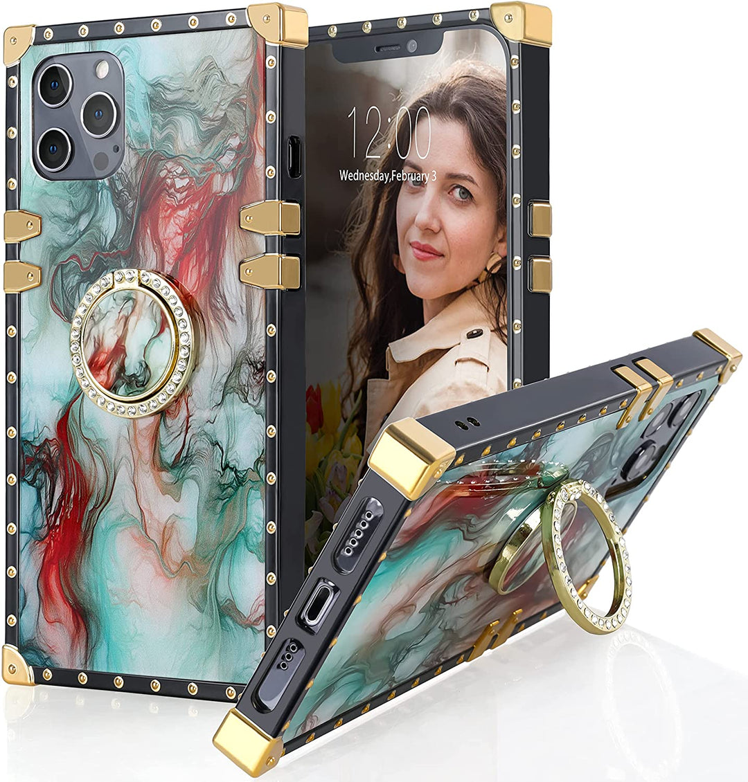 An Apple iPhone 12 or iPhone 12 Pro case; ring-handle-kickstand; rectangular-shaped; black trim with gold-rivets; gold corner bumpers; red and teal smoke patterns. #color_red-and-teal-water-color