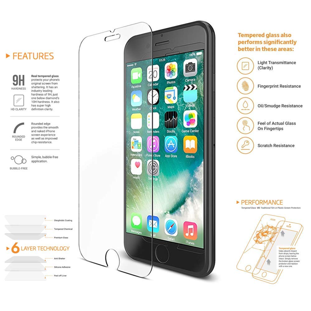 A transparent, tempered glass, screen protector. Made for the Apple iPhone 6 and 6s.