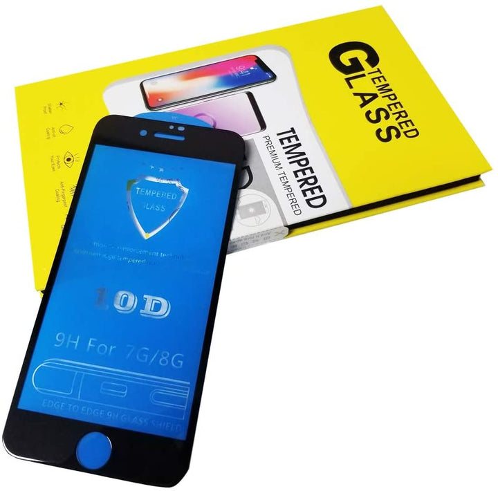 A tinted, black border, tempered glass, screen protector. Made for the Apple iPhone 7, 8, and 5E. #color_black