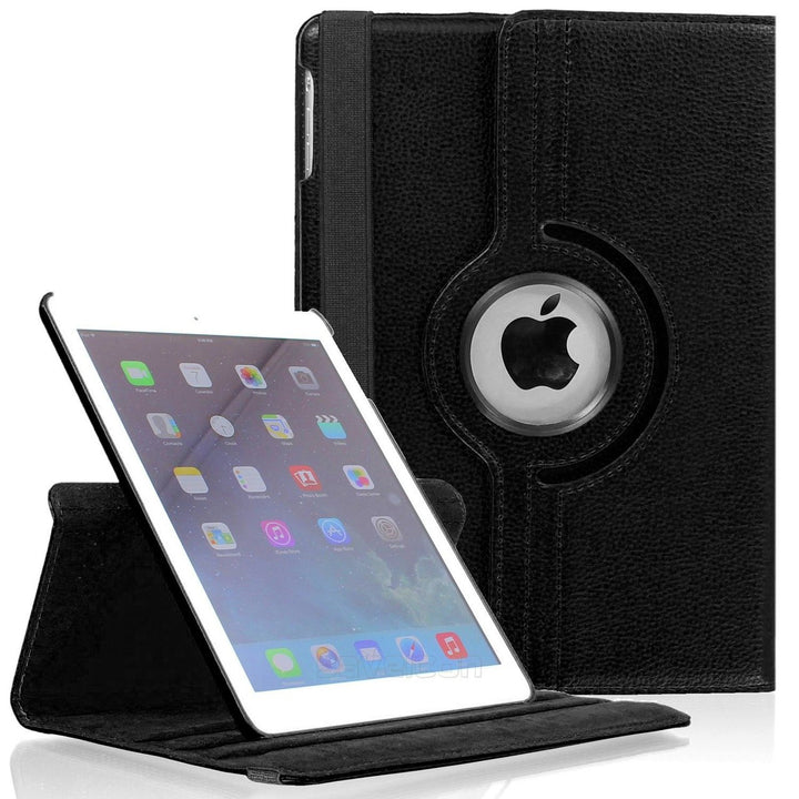 An Apple iPad mini encased in black polymer and black synthetic leather. The case has a 360 rotary device that allows the iPad to sit on the case, tilted in a landscape position. #color_black