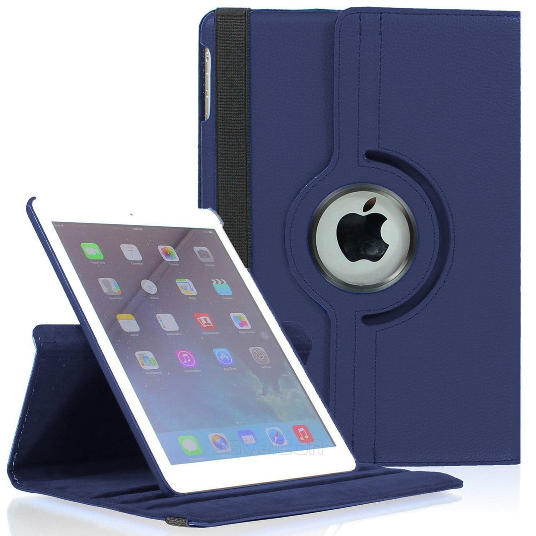 An Apple iPad mini encased in blue polymer and blue synthetic leather. The case has a 360 rotary device that allows the iPad to sit on the case, tilted in a landscape position. #color_dark-blue
