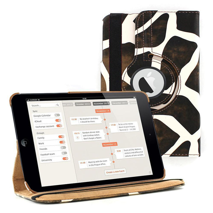 An Apple iPad mini encased in giraffe patterned polymer and synthetic leather. The case has a 360 rotary device that allows the iPad to sit on the case, tilted in a landscape position. #color_giraffe