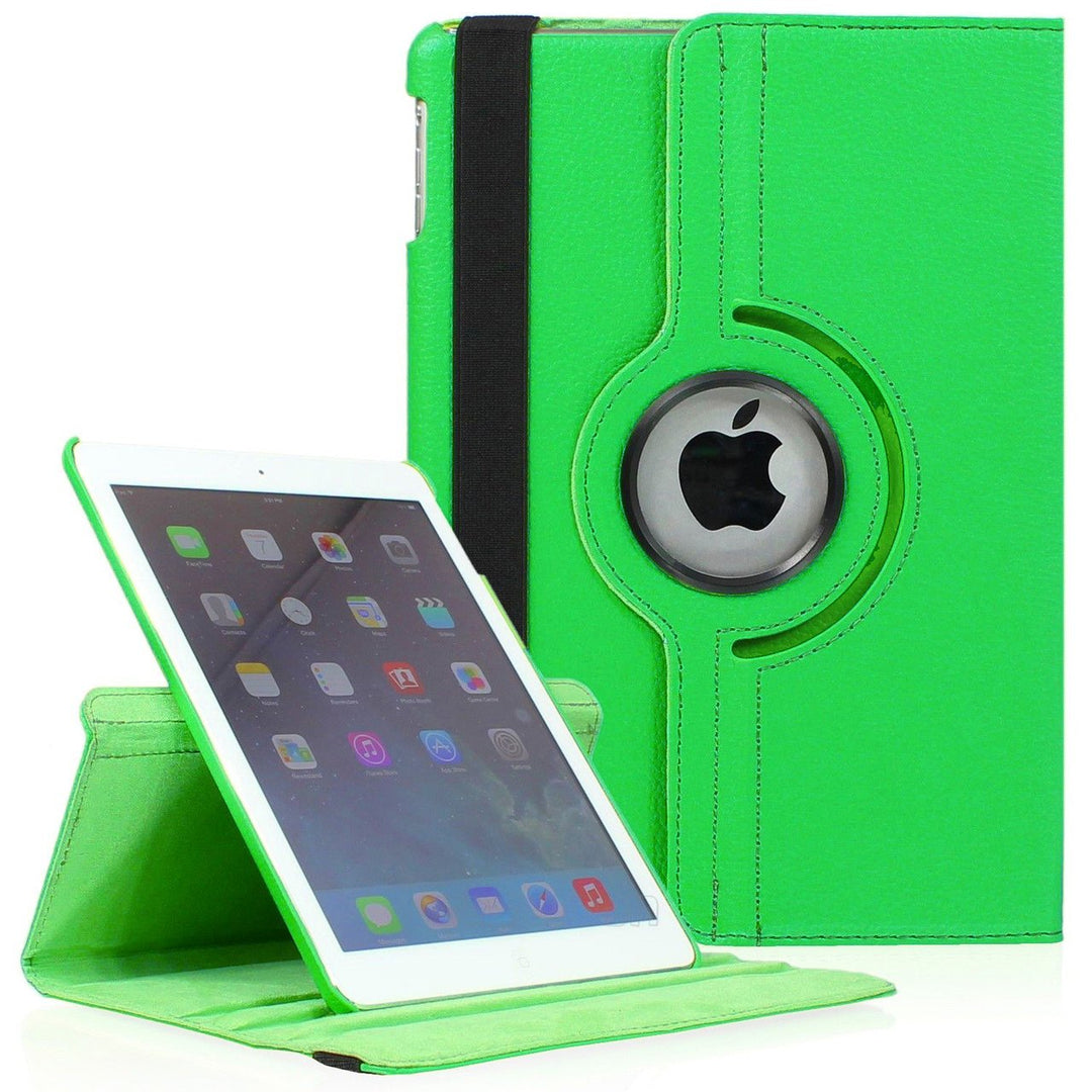 An Apple iPad mini encased in green polymer and green synthetic leather. The case has a 360 rotary device that allows the iPad to sit on the case, tilted in a landscape position. #color_green