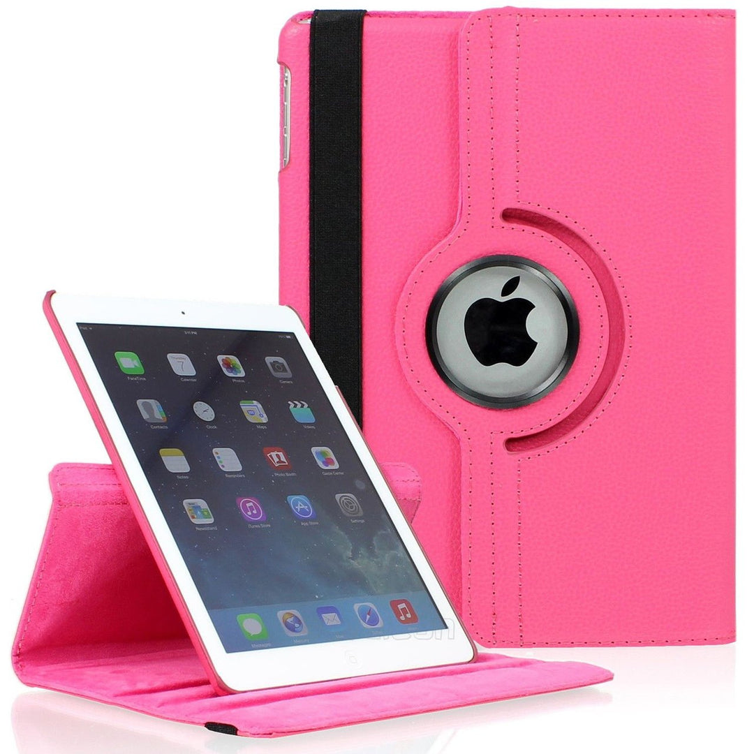 An Apple iPad mini encased in pink polymer and pink synthetic leather. The case has a 360 rotary device that allows the iPad to sit on the case, tilted in a landscape position. #color_hot-pink