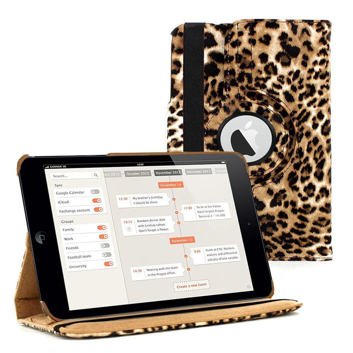 An Apple iPad mini encased in leopard-patterned polymer and synthetic leather. The case has a 360 rotary device that allows the iPad to sit on the case, tilted in a landscape position. #color_leopard