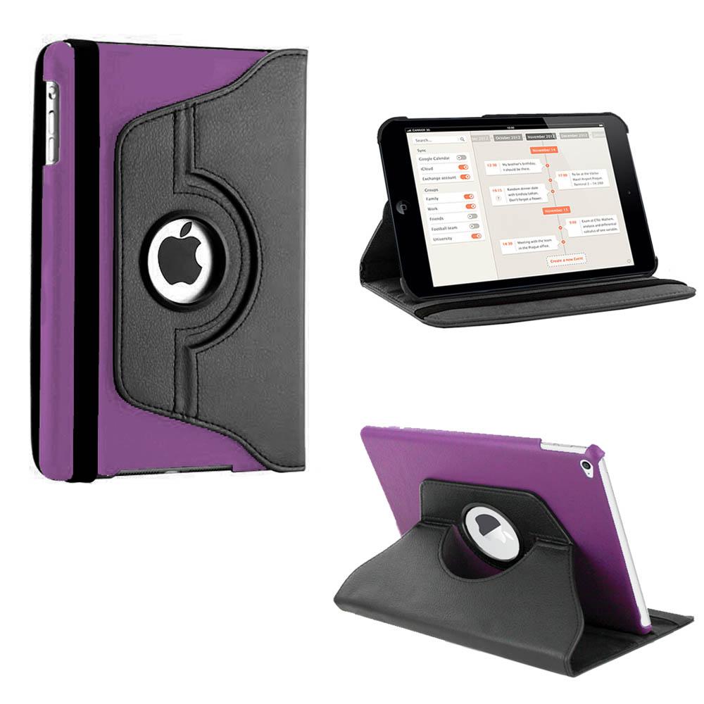 An Apple iPad mini encased in purple polymer and black synthetic leather. The case has a 360 rotary device that allows the iPad to sit on the case, tilted in a landscape position. #color_purple-black