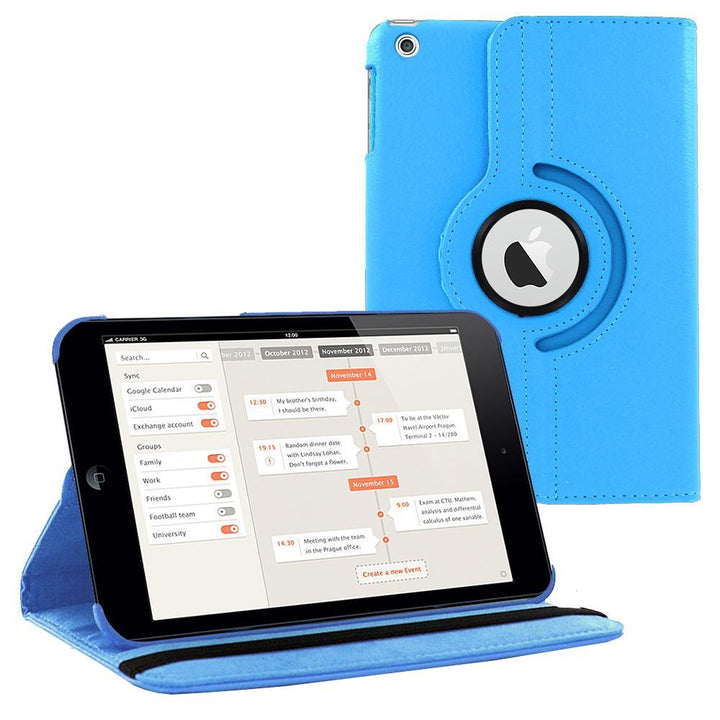 An Apple iPad mini encased in light-blue polymer and light-blue synthetic leather. The case has a 360 rotary device that allows the iPad to sit on the case, tilted in a landscape position. #color_light-blue