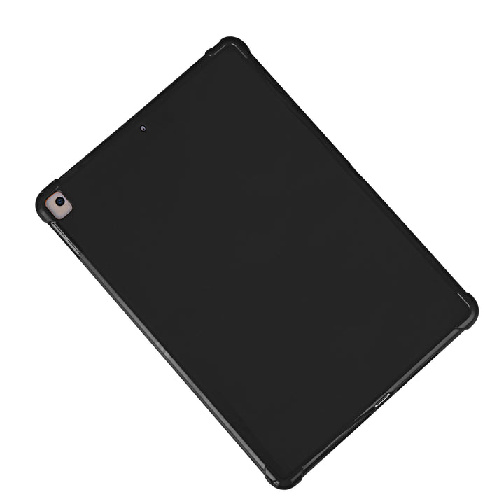 A black-colored silicone case with corner-bumpers covering the back of an Apple iPad. #color_black