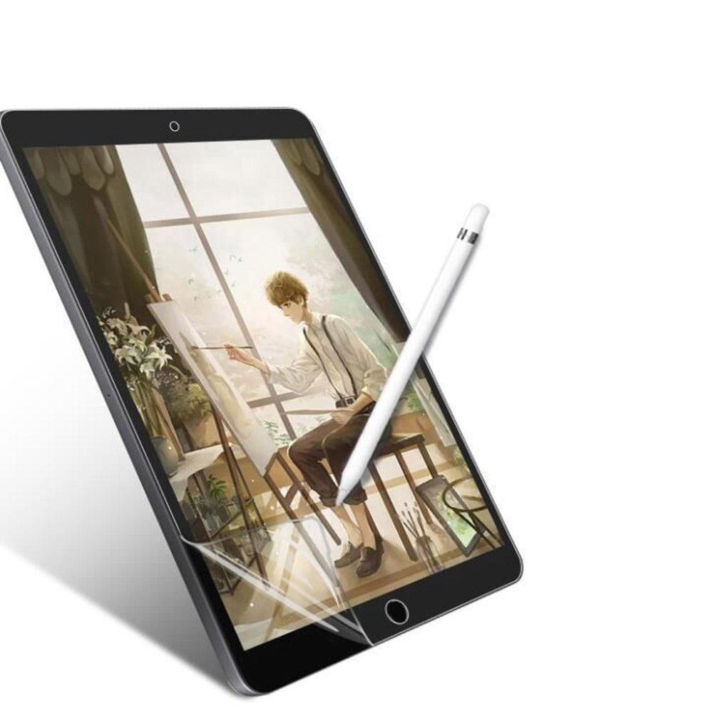 An iPad 10.2 with an Apple Pen drawing a portrait with the canvas screen protector.  