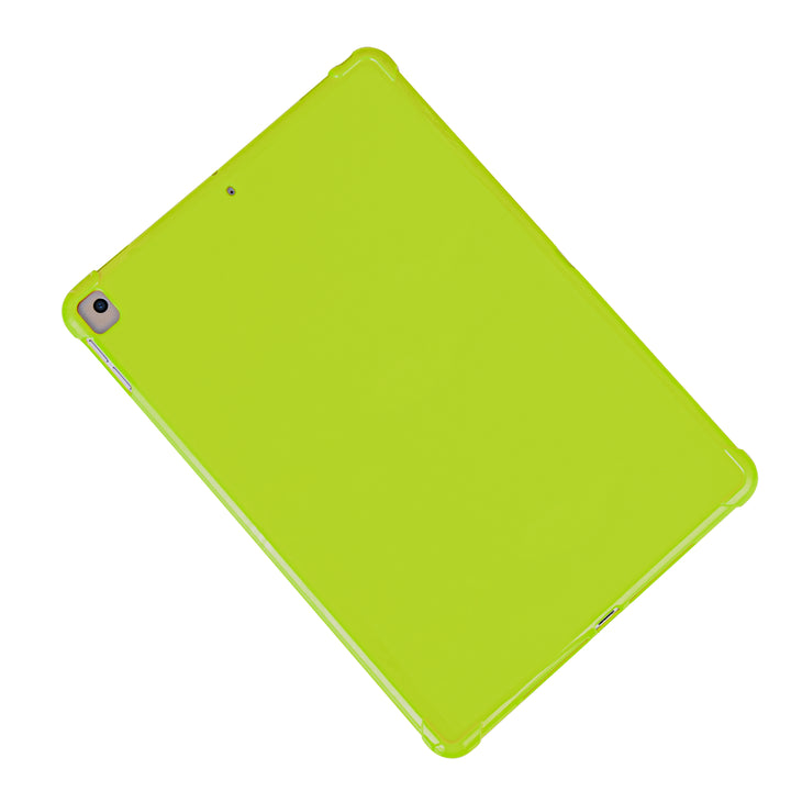 A green silicone case with corner-bumpers covering the back of an Apple iPad. #color_green