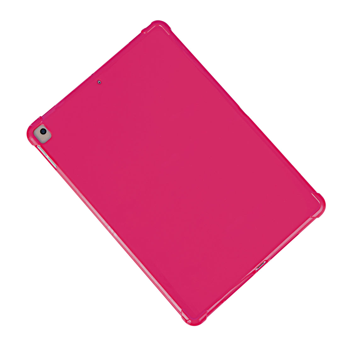 A pink silicone case with corner-bumpers covering the back of an Apple iPad. #color_hot-pink