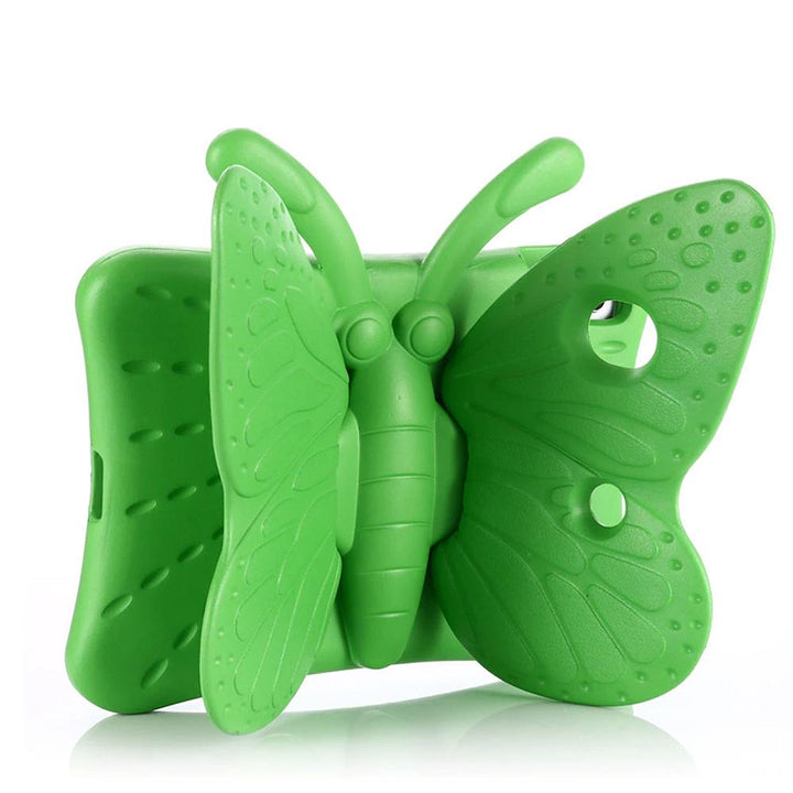 A green-foam tablet case and a large butterfly, with wings and antenna,  projected outwardly in the back. The butterfly wings are used as a stand to prop the tablet up.#color_green