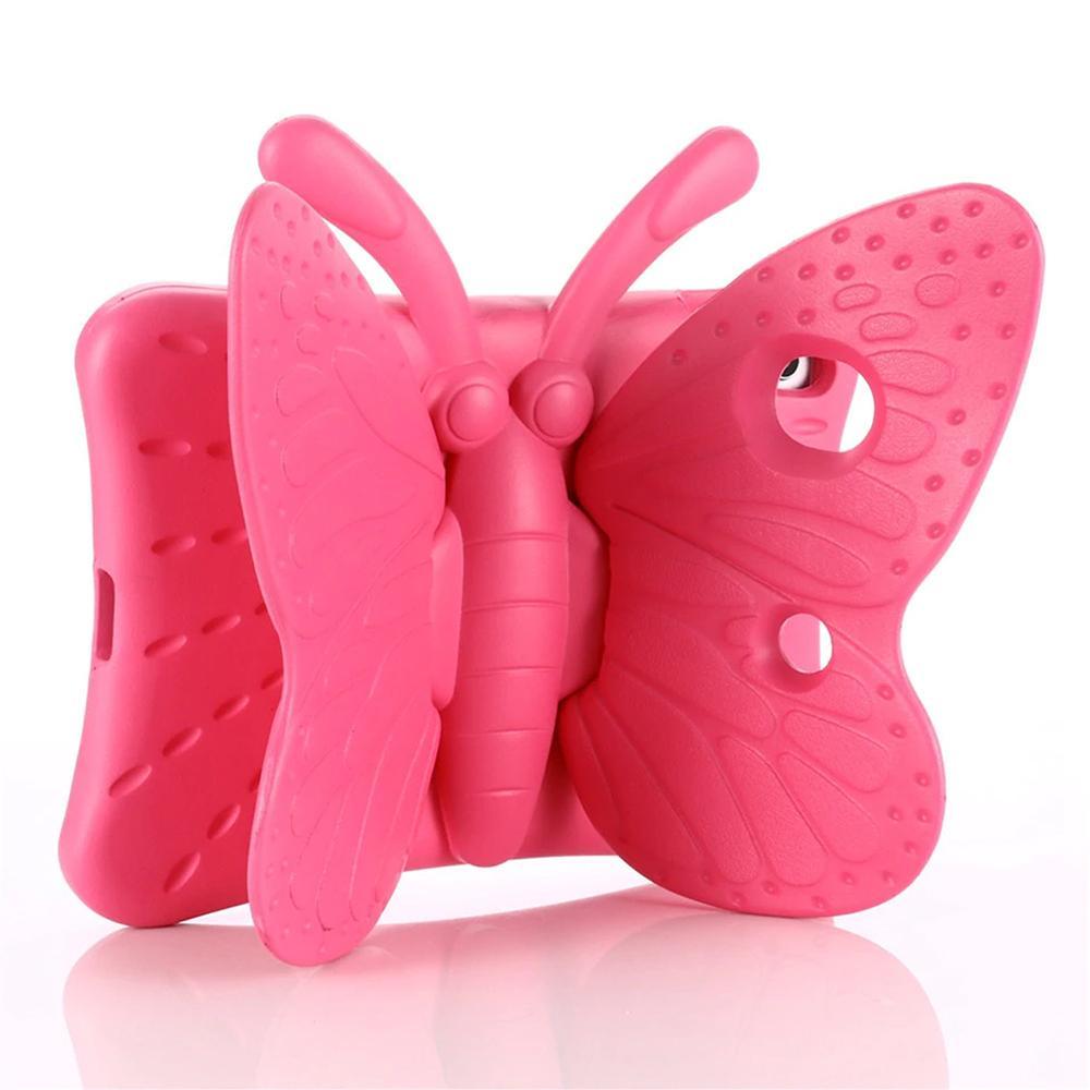A pink-foam tablet case and a large butterfly, with wings and antenna, projected outwardly in the back. The butterfly wings are used as a stand to prop the tablet up.#color_hot-pink