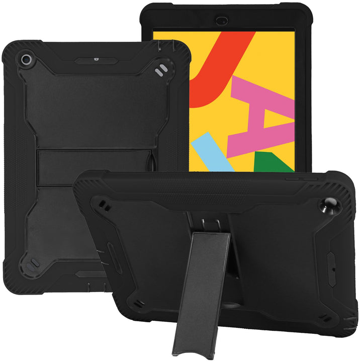 An Apple iPad 9.7 in a Guardian case. The Guardian case is made of black polymer and black silicone. It also has a kickstand extended to keep the iPad in a tilted, landscape position. #color_black-black