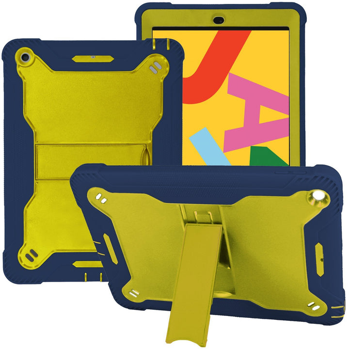 An Apple iPad 9.7 in a Guardian case. The Guardian case is made of lime-green polymer and blue silicone. It also has a kickstand extended to keep the iPad in a tilted, landscape position. #color_yellow-dark-blue