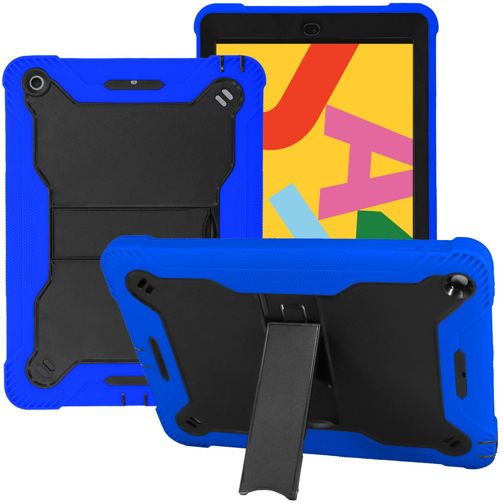 An Apple iPad 9.7 in a Guardian case. The Guardian case is made of black polymer and blue silicone. It also has a kickstand extended to keep the iPad in a tilted, landscape position. #color_black-blue