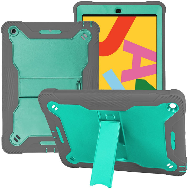 An Apple iPad 9.7 in a Guardian case. The Guardian case is made of teal polymer and gray silicone. It also has a kickstand extended to keep the iPad in a tilted, landscape position. #color_teal-grey
