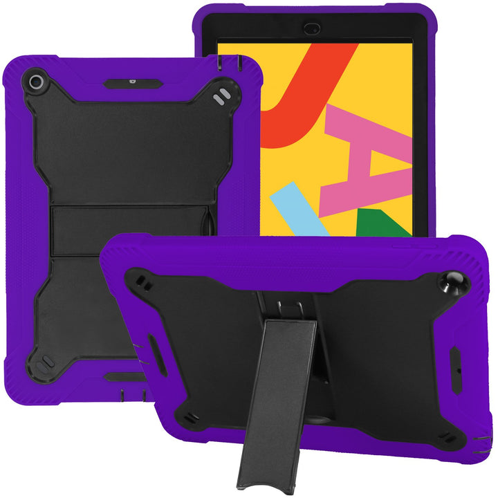 An Apple iPad 9.7 in a Guardian case. The Guardian case is made of black polymer and purple silicone. It also has a kickstand extended to keep the iPad in a tilted, landscape position. #color_black-purple