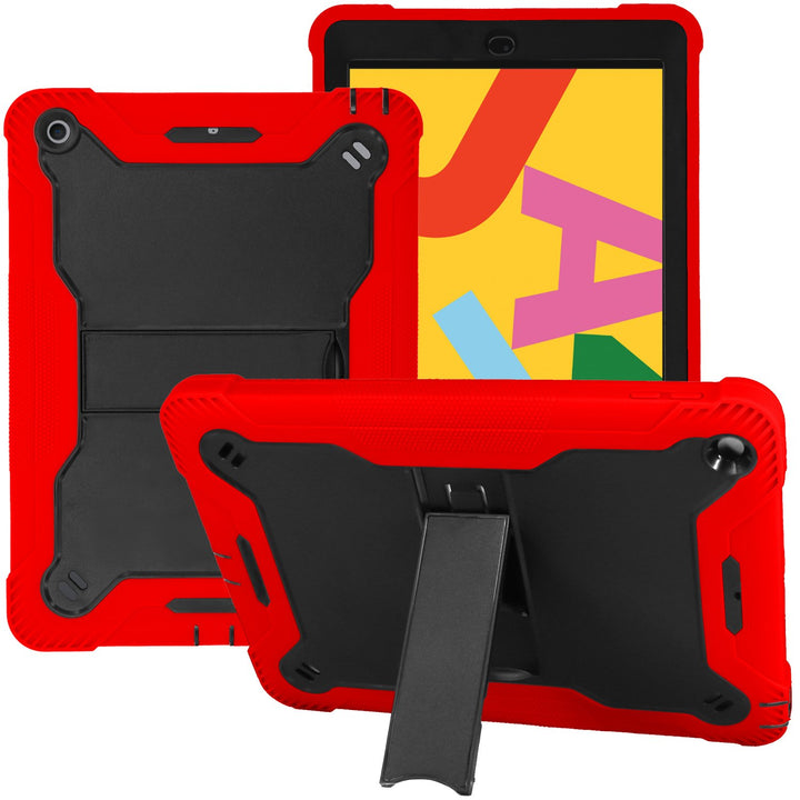 An Apple iPad 9.7 in a Guardian case. The Guardian case is made of black polymer and red silicone. It also has a kickstand extended to keep the iPad in a tilted, landscape position. #color_black-red
