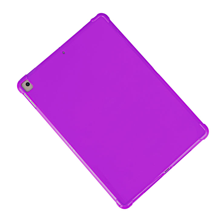 A purple silicone case with corner-bumpers covering the back of an Apple iPad. #color_purple