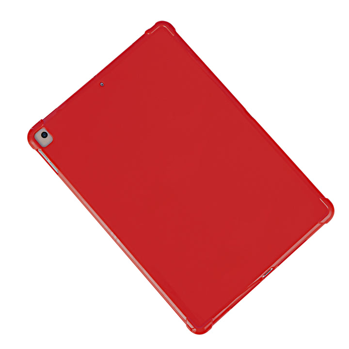 A red silicone case with corner-bumpers covering the back of an Apple iPad. #color_red