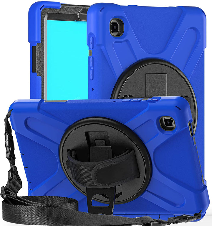 A tablet covered in a black-polymer and blue-silicone case. The case has a kickstand, hand-strap, and shoulder strap. The kickstand is extended to hold the tablet and case in a tilted position. #color_black-blue