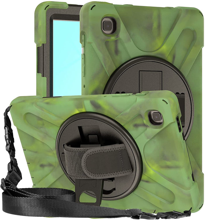 A tablet covered in a black-polymer and green-camouflage-silicone case. The case has a kickstand, hand-strap, and shoulder strap. The kickstand is extended to hold the tablet in a tilted position. #color_camouflage
