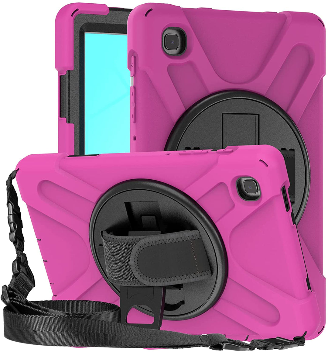 A tablet covered in a black-polymer and pink-silicone case. The case has a kickstand, hand-strap, and shoulder strap. The kickstand is extended to hold the tablet in a tilted position. #color_black-hot-pink