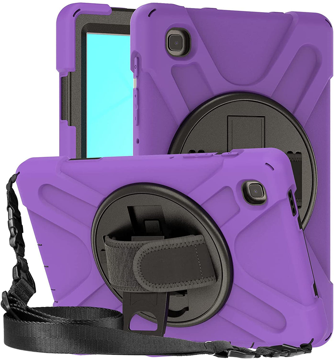 A tablet covered in a black-polymer and purple-silicone case. The case has a kickstand, hand-strap, and shoulder strap. The kickstand is extended to hold the tablet in a tilted position. #color_black-purple