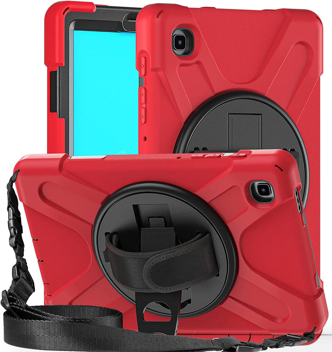 A tablet covered in a black-polymer and red-silicone case. The case has a kickstand, hand-strap, and shoulder strap. The kickstand is extended to hold the tablet in a tilted position. #color_black-red