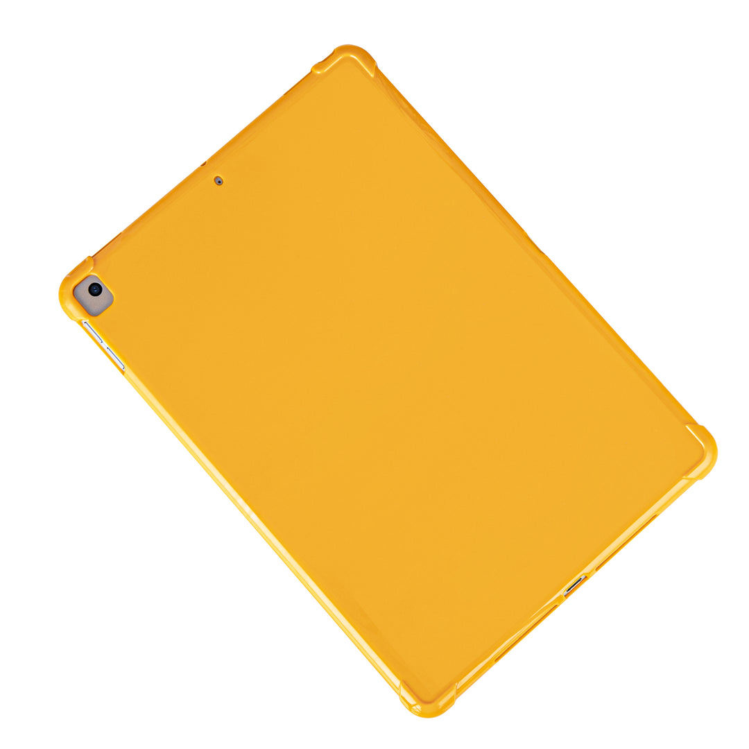 A orange silicone case with corner-bumpers covering the back of an Apple iPad. #color_orange